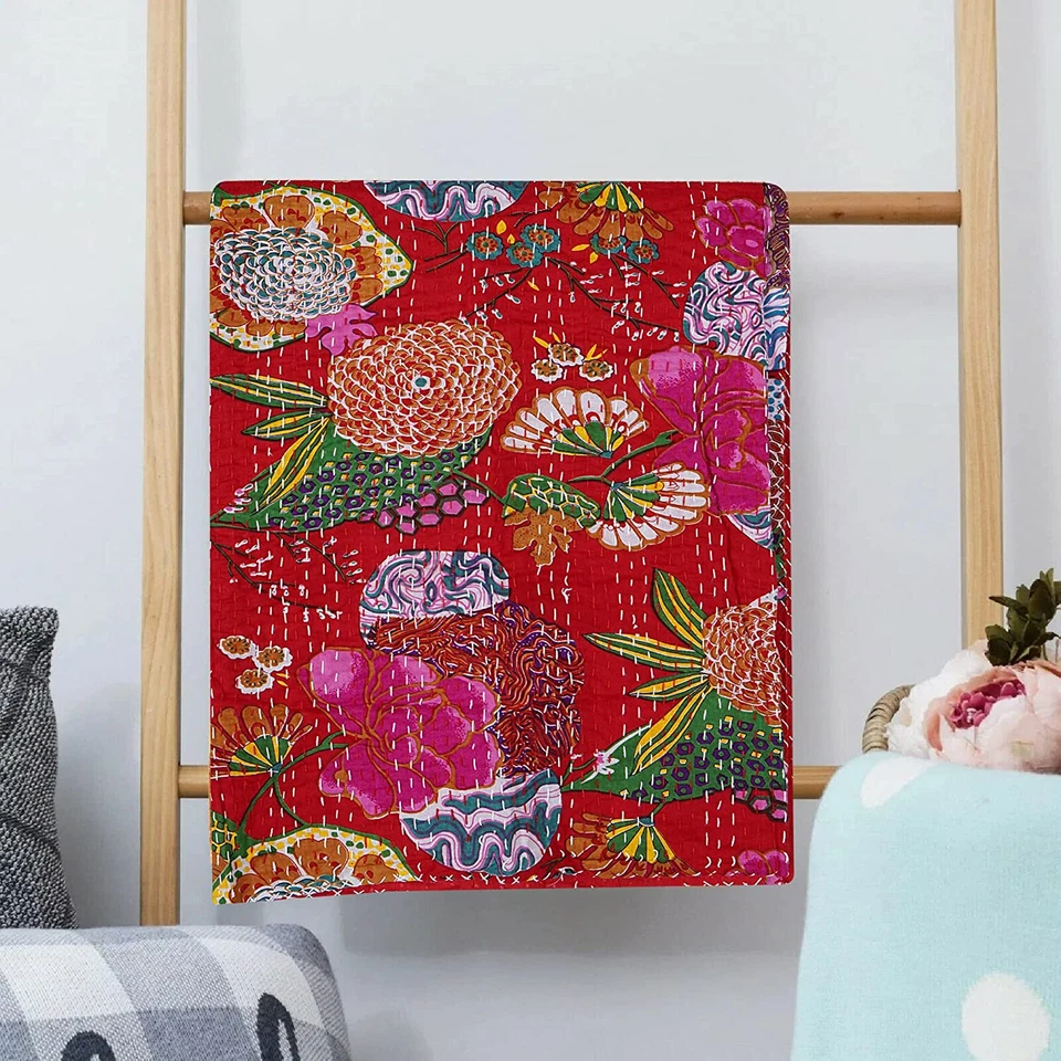 Colcha Queen Kantha MultiFloral Manta India Reversible Ropa de Cama Tiro Foto 3 de 4