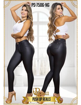 Kolumbianische Jeans, 40 (12) - Push Up- und Ledereffekt Schwarz
