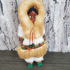 Eskimo Doll 10" Native Alaskan Girl - Kitschy Cupie Face White Fur Mined Coat