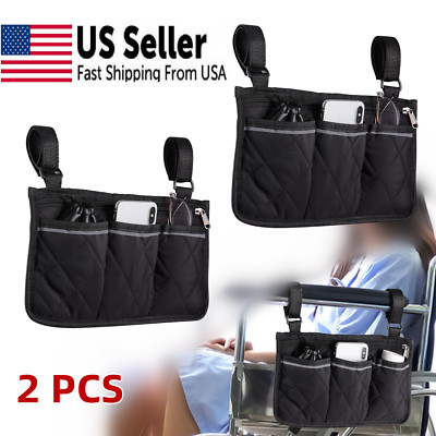 2 PACK Wheelchair Side Pocket Organizer Holder Pouch Armrest Storage Bag Outdoor