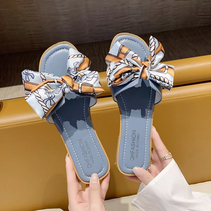 New Women Fashion Slippers Summer Silk Bow Square Toe Casual Heels