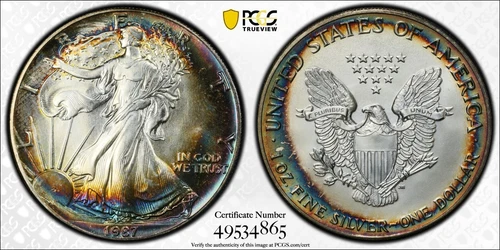 1987 AMERICAN SILVER EAGLE ASE $1 PCGS MS68 MONSTER RAINBOW TONED TRUEVIEW D275