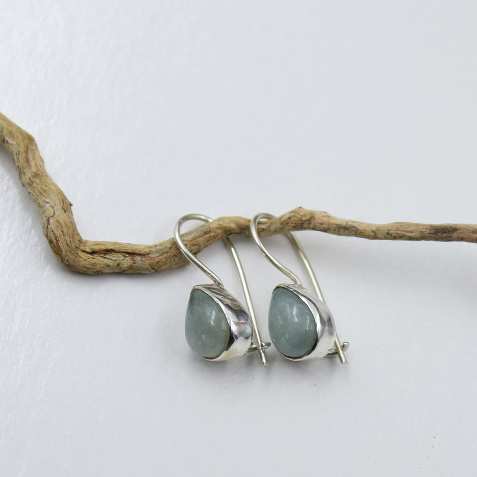 Acquamarina Orecchini Pendenti Argento Sterling 925 Gocce Moderno Cabochon Paio - Immagine 4 di 4