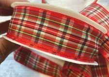 vintage plaid wire 1960s ribbon 1" red multi 1yd made in France