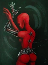 Original Acrylic Painting Futuristic Woman Robo Woman Portrait Dramatic Red