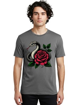 Snake-And-Rose Mens Graphic Tee, 100% Cotton, Casual Summer Wear