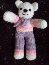Hand Knitted Happy Smile Teddy Bear Cuddly Purple Pink Mix 10" Present Gift