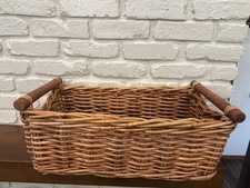 Vintage Large Wicker Rattan Storage Basket Wood Handles Rustic Farmhouse