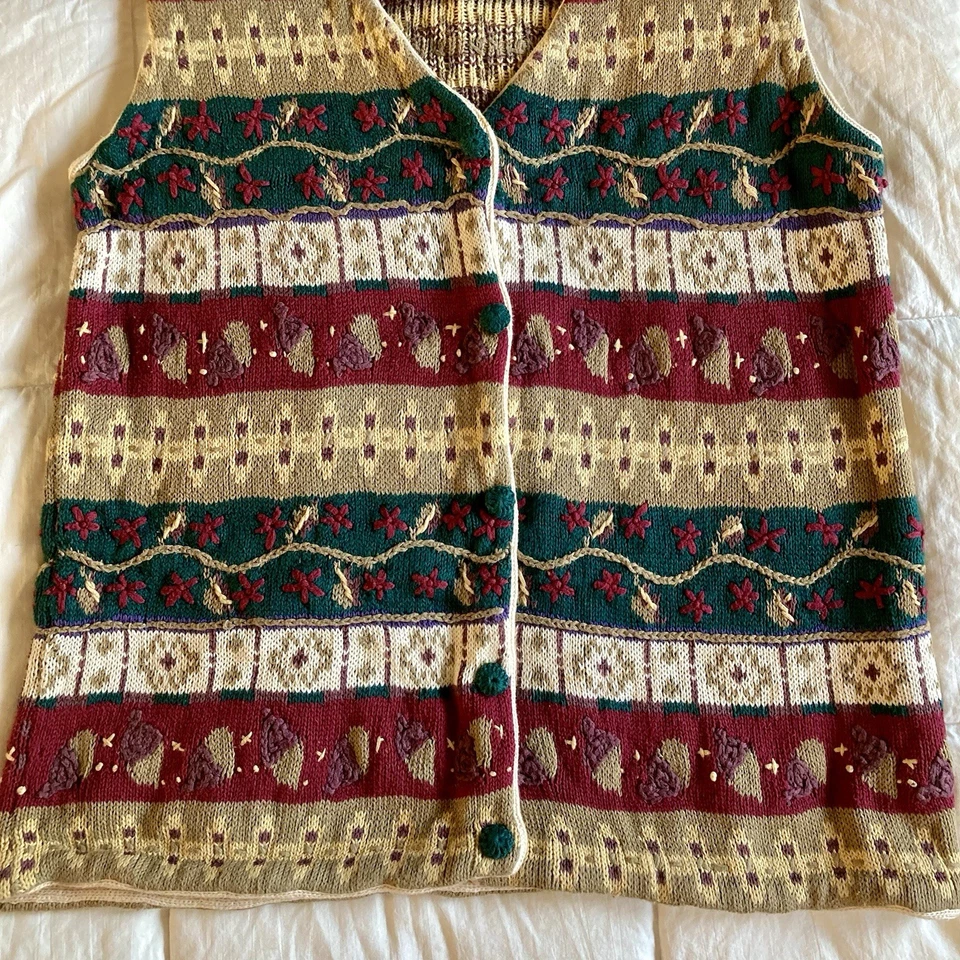 De Colección 1995 Ojo de Águila Tejido Botón Suéter Chaleco Cuello en V Mujeres M Bellota Otoño Rojo Verde Foto 4 de 4