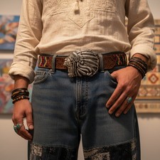 Men Women Dark Silver Metal Buckle Native American Indian Face Western Fashion