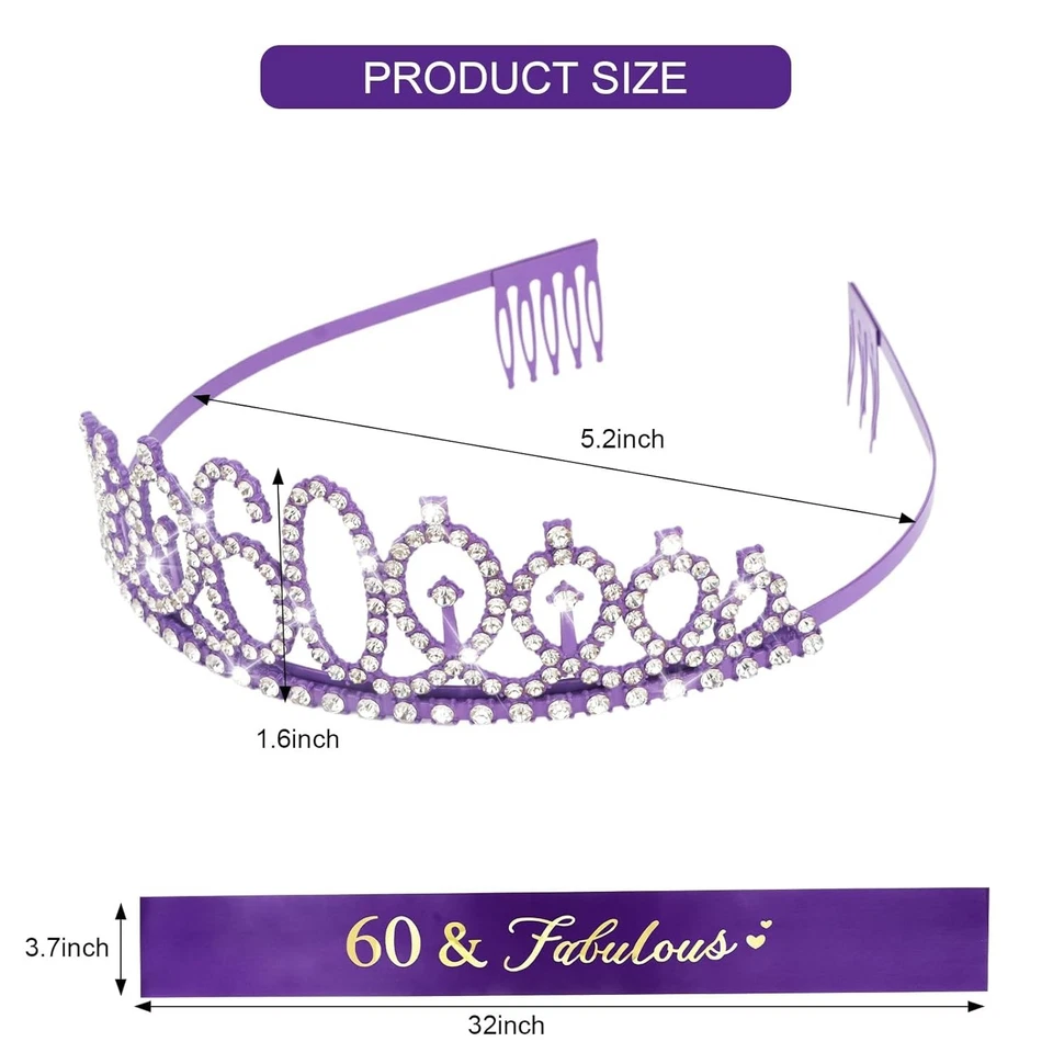 Corona y Faja 60 Cumpleaños - Púrpura 60 Decoraciones Mujer 60 y Fabuloso Sa Foto 3 de 4