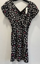 Redherring Dress 14 V Neck Belted Summer Lined Elastic Waist Butterfly Print