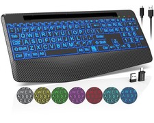 Wireless Keyboard 7 Colored Backlits Wrist Rest Phone Holder Large Print PC