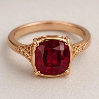 2Ct Cushion Cut Lab Created Red Ruby Bezel Wedding Ring 14K Yellow Gold Plated