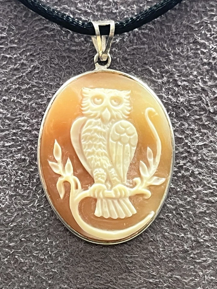 Ciondolo Cammeo Gufo Inciso A Mano Su Corniola-Argento 925-Amuleto Di Saggezza - Immagine 3 di 4