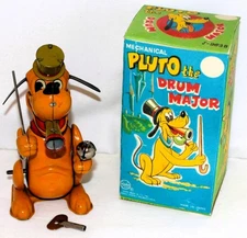 EX! DISNEY1950s" PLUTO THE DRUM MAJOR" TIN WIND-UP TOY+HORN SOUND+RE-PRO.BOX SET