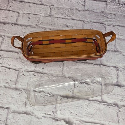 Vintage Longaberger Bread Basket 1993 Handwoven Red Accents Clear Plastic Liner