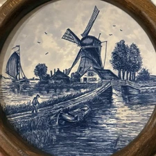 Antique Delft Blauw Made In Holland Handpainted Windmill Scene Wooden Frame 9.5”