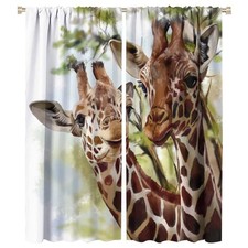 Giraffe Window Curtains Animal Rod Pocket Curtains Jungle Wildlife Cartoon Zo...