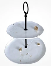 2 Tier Cake Stand “Enchanted “white/Gold Farmhouse,Squirrel Acorn Impressed Leaf