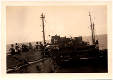 Shirtless Sailors Gathered on US Navy Ship at Sea WW2 Era 1940s Vintage Photo