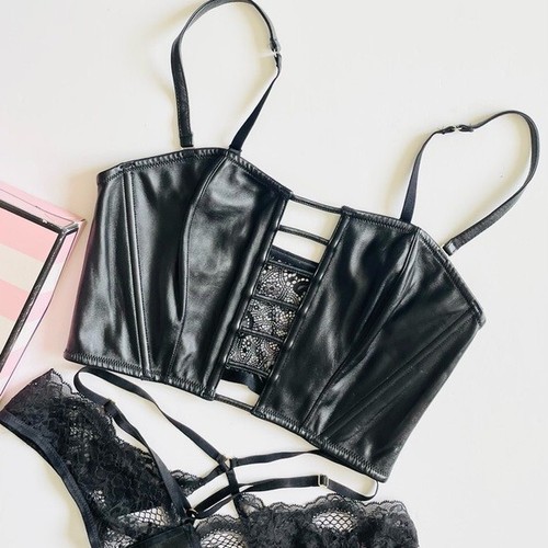 MEDIANO Victoria’s Secret imitación cuero tiras sujetador conjunto bragas brasileñas - Imagen 3 de 9