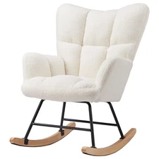 Modern Nursery Rocking Chair with Teddy Upholstery & High Backrest Soft Seating