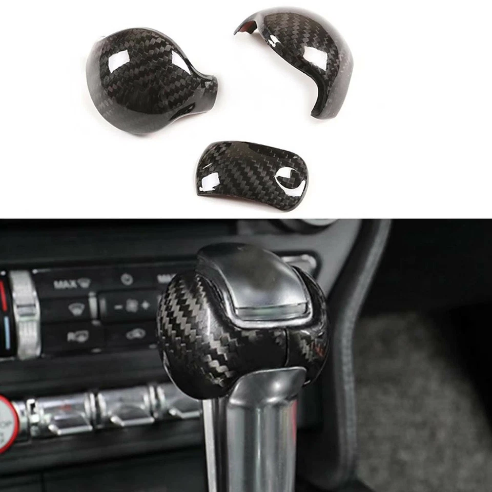Cubierta de perilla de cambio de marchas de fibra de carbono seca real apta para Ford Mustang 2015-20 Foto 2 de 4