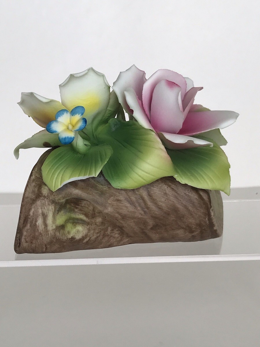 N Crown Vintage Capodimonte Porcelain Flowers on Log Made In Italy
