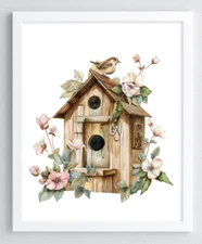 Bird Wall Art Print, Bird House and Flowers Print, Wall Art Decor Print #12