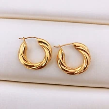 18K Solid Yellow Gold Twist Hollow Rope Hoops Fashion Earrings for Women
