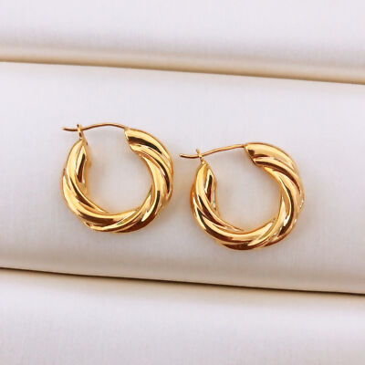 18K Solid Yellow Gold Twist Hollow Rope Hoops Fashion Earrings