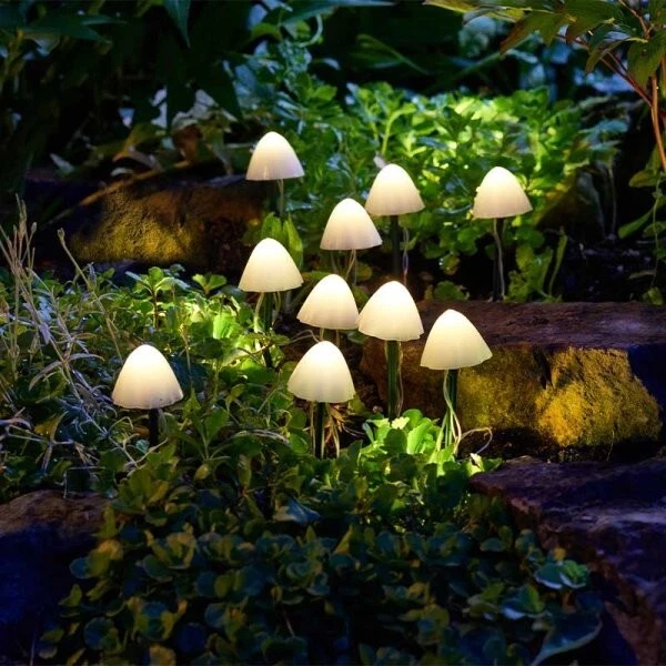 Solar LED Garden Lights Mushroom 10pc Set Warm White Outdoor Decor Lighting - Image 3 of 4