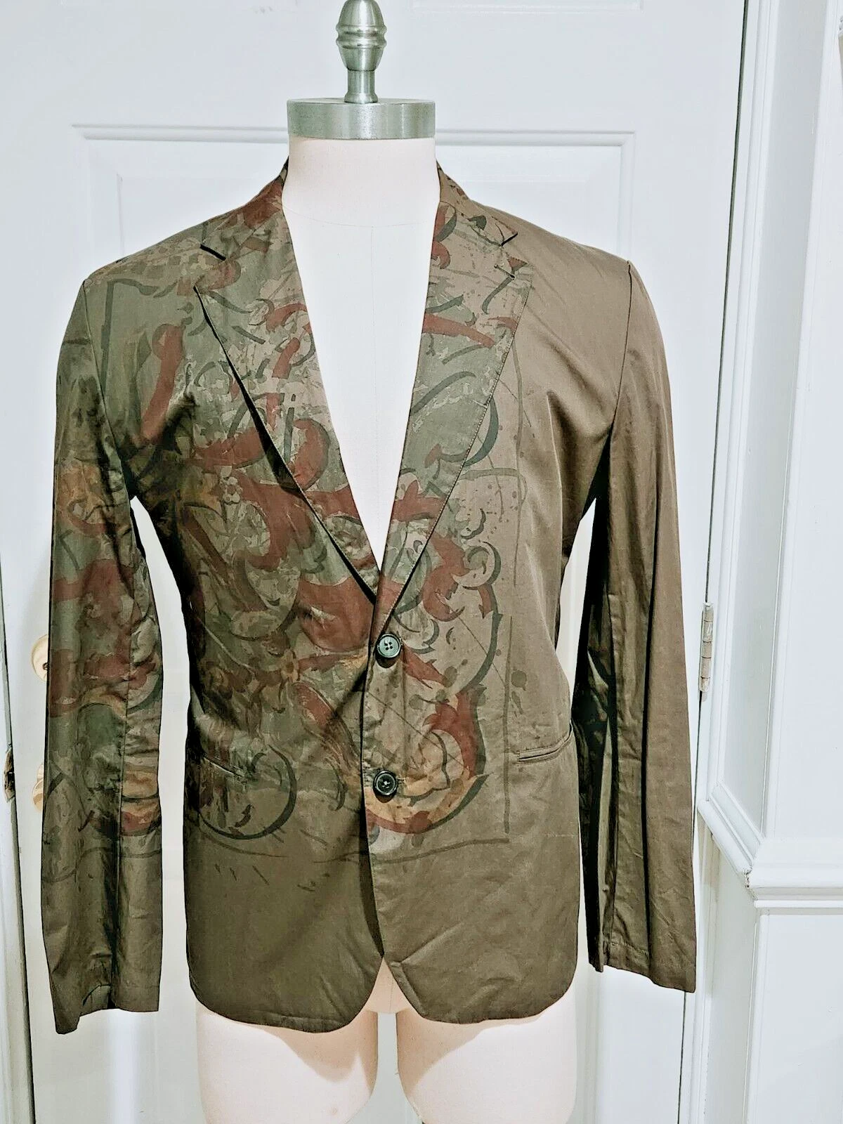 HERMÈS Giacca HERMES $3 8k US44 54 XL VERDE MILITARE MARRONE Splatter PESO PIUMA