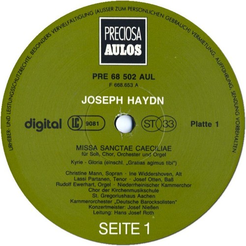 HAYDN St. Cecilia Mass ROTH German Barocksoloists AULOS PRE-68502 2LP Gatefold - Picture 3 of 3