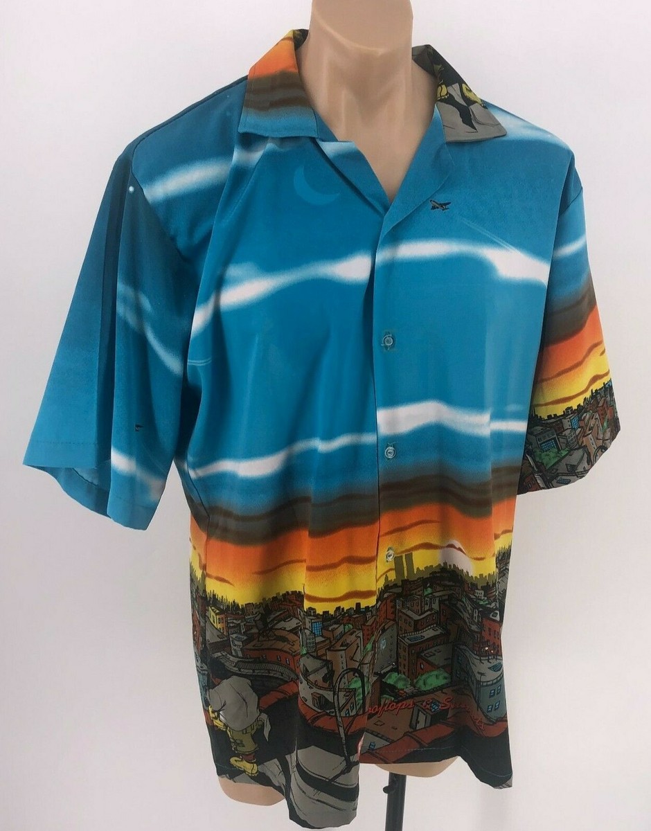 Boss Bay Hawaiian mens Button Down city Scape Shirt Size L Short