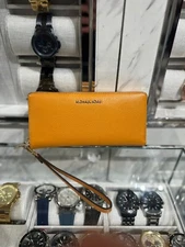 Michael Kors Large Leather Long Zip Around Wallet Clutch Wristlet - Cider Yellow