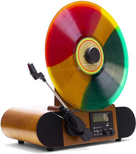 Fuse Vert Vertical Vinyl Record Player- Bluetooth, FM Radio, Alarm, Ashtree Wood - Afbeelding 1 van 8