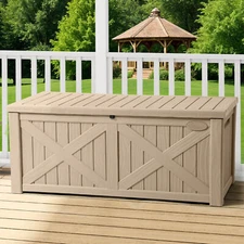 120 Gallon Resin Deck Box Bench w/ Lockable Lid Waterproof Outdoor Storage Chest