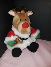Stuffins Christmas Santa Reindeer 9" Stuffed Animal Holding Gold Bell 1994