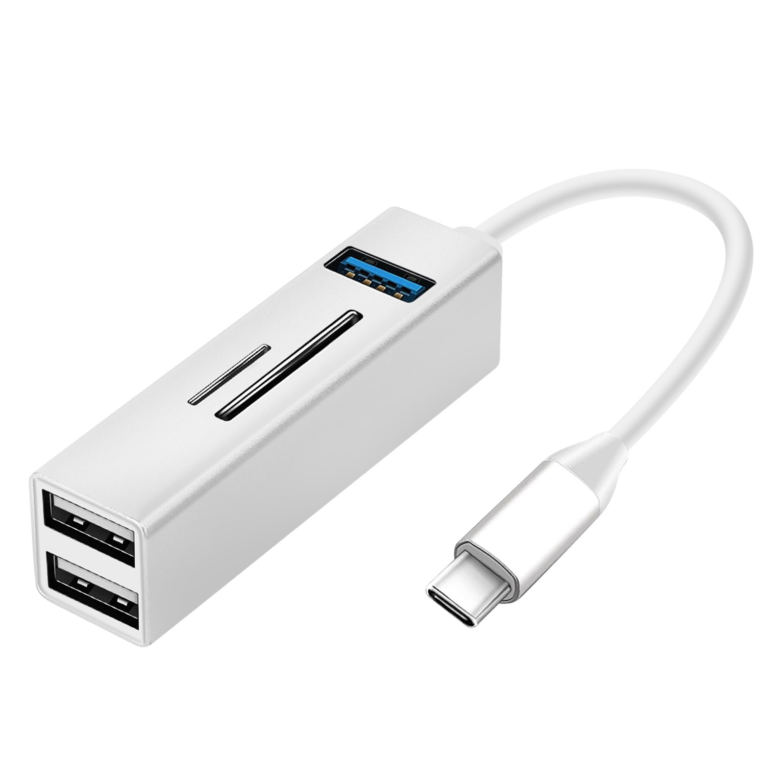 Hub USB-C portable Avizar argent pour vider vos cartes SD de voyage en terrasse