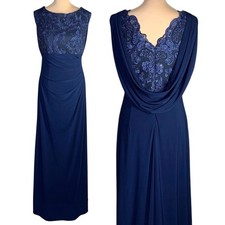 Alex Evenings Sequin Lace Formal Gown 8 Navy Cowl Back Dress Wedding Party