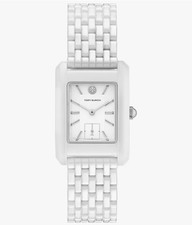 Tory Burch Eleanor Womens White Ceramic Watch, Rectangular Dial, Silver Accents