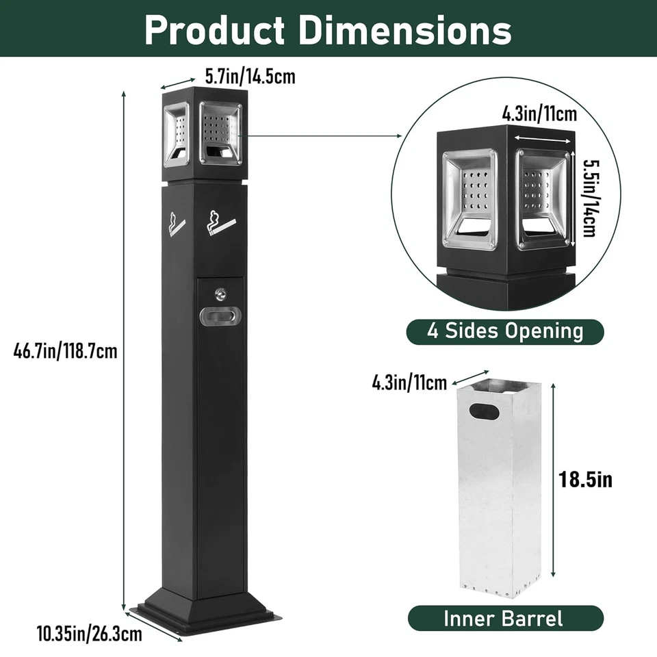 Commercial Butt Receptacle Outdoor Trash Can for Patio, 4 Sides Opening Square A - Image 4 of 4