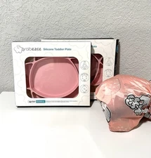 Grabease  Pink Baby/Toddler Self Feeding 2 Plates BPA Free And Allover Bib Set