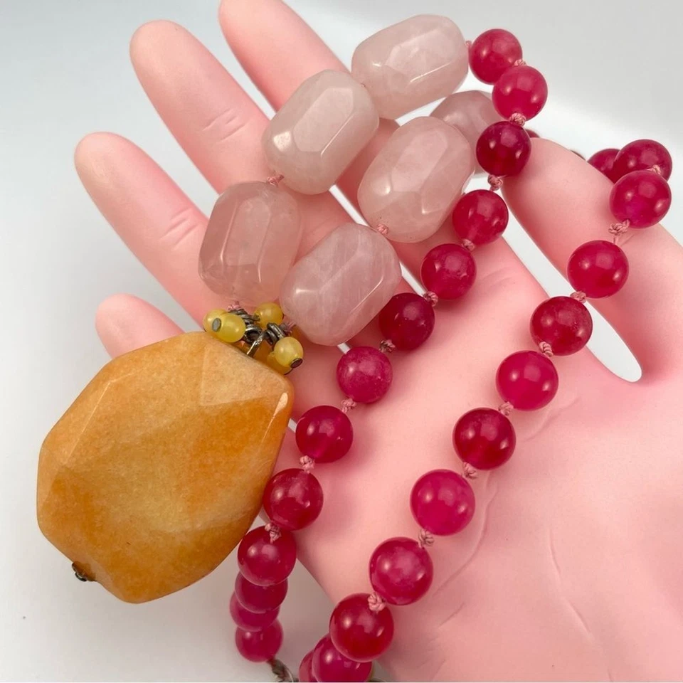 Ожерелье с драгоценными камнями ручной работы с подвеской из розового кварца и авантюрина - Изображение 4 из 4