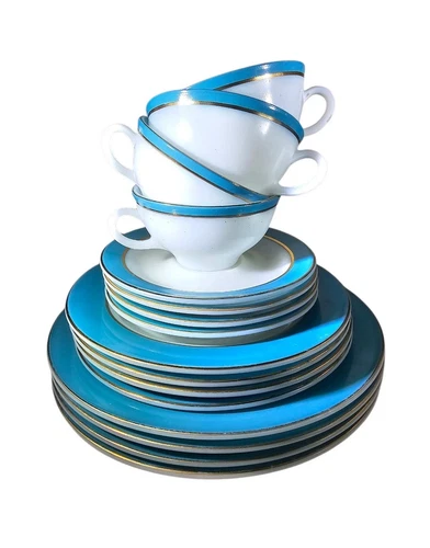 Vintage Pyrex Turquoise Blue Gold Dinnerware Pieces 16 pieces Cup Saucer Plates