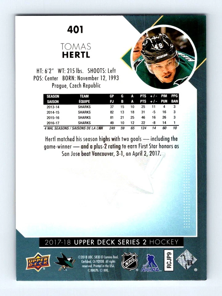#401 2017-18 Upper Deck / Tomas Hertl San Jose Sharks - Image 2 of 2