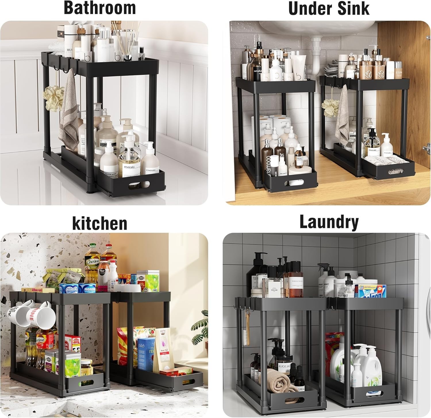 Versatile 2-Tier Pull-Out Storage Organizers for Kitchen and Bathroom - Black