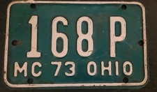 Vintage 1973 Ohio Motorcycle License Plate Number 168 P Tag MC OHIO 73